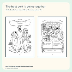 Actual family-walk and closing devotional pages, with a personal message and original prayer; the illustrations remain uncoloured.