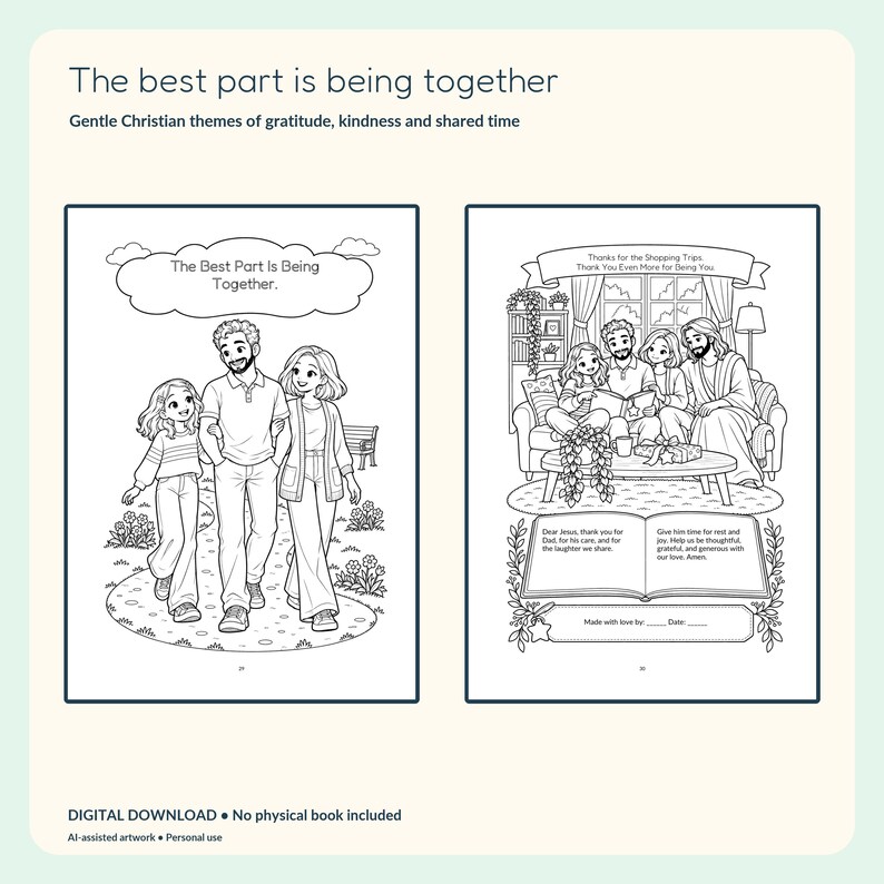 Actual family-walk and closing devotional pages, with a personal message and original prayer; the illustrations remain uncoloured.