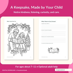 May include: A printable activity sheet titled A Keepsake, Made by Your Child. The left page features a line art illustration of an adult and child reading a book together. The right page contains writing prompts under the heading What I Want to Carry Forward.