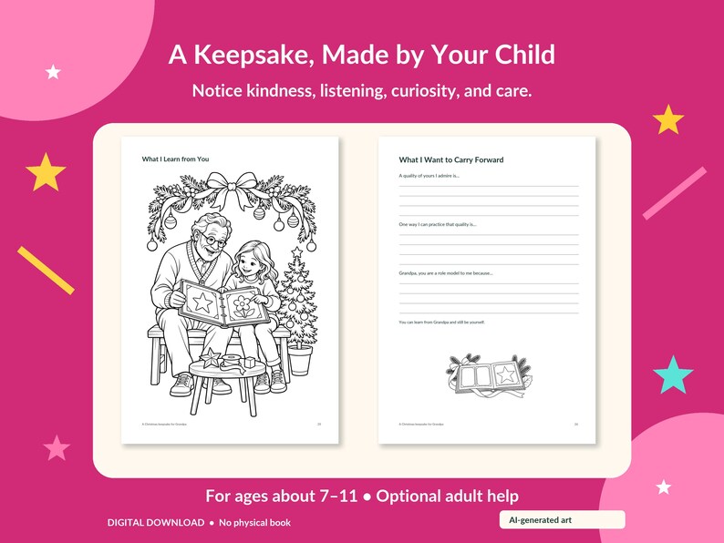 May include: A printable activity sheet titled A Keepsake, Made by Your Child. The left page features a line art illustration of an adult and child reading a book together. The right page contains writing prompts under the heading What I Want to Carry Forward.