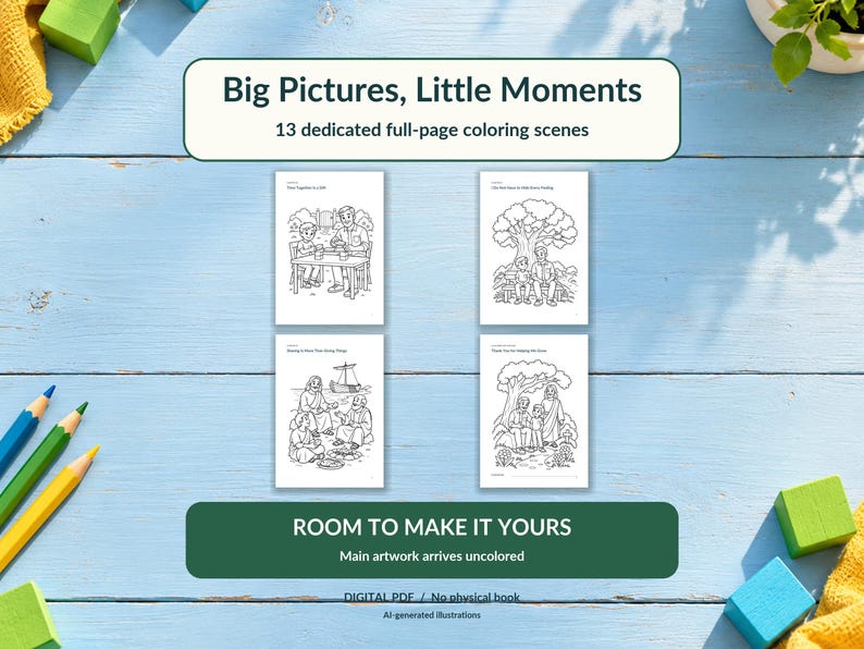Puede incluir: Un libro de colorear digital titulado Big Pictures, Little Moments con 13 escenas a p&aacute;gina completa. La portada muestra cuatro ilustraciones en blanco y negro de personas en varios entornos. El texto dice Room to Make It Yours.
