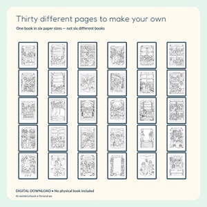 Overview of all thirty actual pages in the colouring and memory gift book, with comics, activities and full scenes.