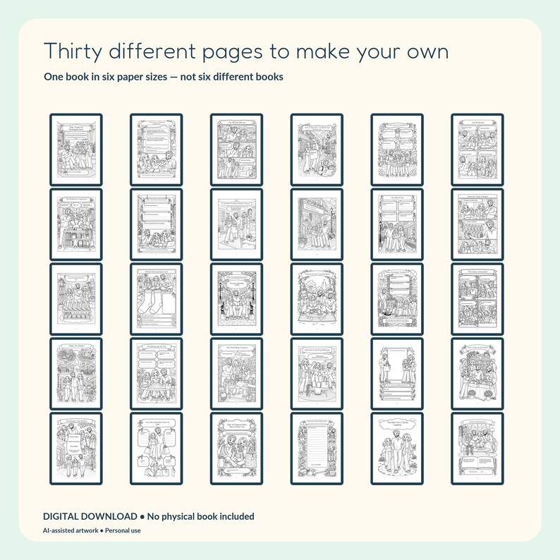 Overview of all thirty actual pages in the colouring and memory gift book, with comics, activities and full scenes.