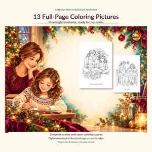 Puede incluir: Un libro de colorear digital titulado A Daughter's Christmas Keepsake con 13 p&aacute;ginas para colorear. La imagen muestra a una madre y una hija coloreando juntas, con dos p&aacute;ginas de muestra que presentan ilustraciones de l&iacute;neas.