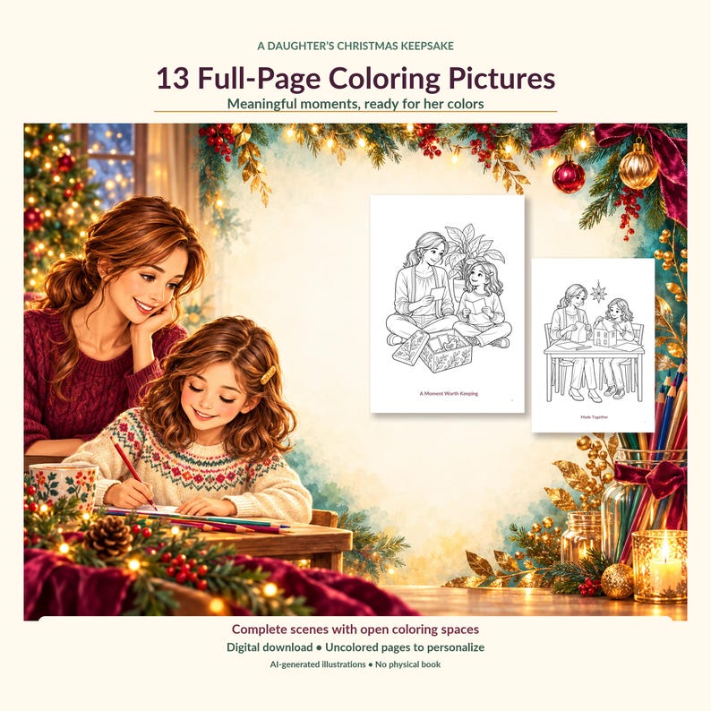 Puede incluir: Un libro de colorear digital titulado A Daughter's Christmas Keepsake con 13 p&aacute;ginas para colorear. La imagen muestra a una madre y una hija coloreando juntas, con dos p&aacute;ginas de muestra que presentan ilustraciones de l&iacute;neas.
