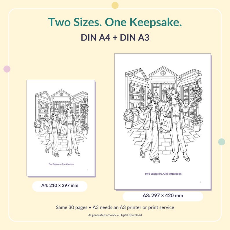 May include: A coloring book page titled Two Sizes. One Keepsake. featuring two people walking past storefronts. The image displays two versions, DIN A4 (210 x 297 mm) and DIN A3 (297 x 420 mm), with the text Two Explorers, One Afternoon printed below.