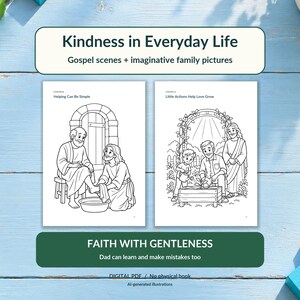 Puede incluir: Un libro de colorear digital titulado Kindness in Everyday Life con ilustraciones de l&iacute;neas en blanco y negro de escenas evang&eacute;licas y actividades familiares, incluyendo un lavado de pies y una familia.