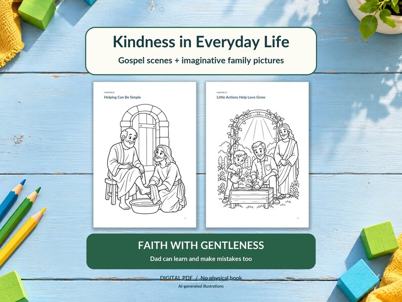 Puede incluir: Un libro de colorear digital titulado Kindness in Everyday Life con ilustraciones de l&iacute;neas en blanco y negro de escenas evang&eacute;licas y actividades familiares, incluyendo un lavado de pies y una familia.