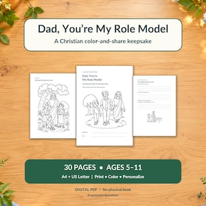 Puede incluir: Un libro de colorear cristiano imprimible titulado Dad, You're My Role Model, con 30 p&aacute;ginas para edades de 5 a 11 a&ntilde;os. El conjunto incluye ilustraciones en blanco y negro de figuras en la naturaleza y ejercicios de escritura en formato A4.