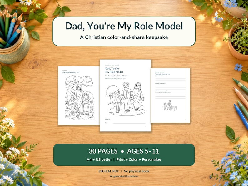 Puede incluir: Un libro de colorear cristiano imprimible titulado Dad, You're My Role Model, con 30 p&aacute;ginas para edades de 5 a 11 a&ntilde;os. El conjunto incluye ilustraciones en blanco y negro de figuras en la naturaleza y ejercicios de escritura en formato A4.