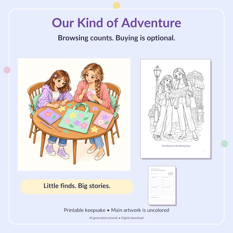 May include: A digital download featuring a colored illustration of two people crafting at a round table, a black and white coloring page titled The Mystery of the Missing Shop, and a blank printable keepsake form with text Our Kind of Adventure.
