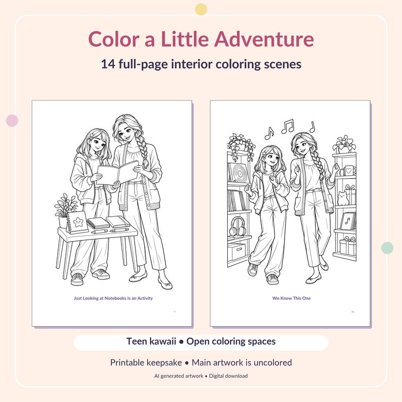 May include: Color a Little Adventure coloring book featuring 14 full-page interior scenes. Two pages show line art of two characters, one with a book and one dancing. Text includes Color a Little Adventure, 14 full-page interior coloring scenes, Teen kawaii, Open coloring spaces, Printable keepsake, Main artwork is uncolored, AI generated artwork, Digital download, Just Looking at Notebooks Is an Activity, and We Know This One.