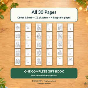Puede incluir: Un libro de regalo digital en formato PDF con 30 p&aacute;ginas de ilustraciones de arte lineal en blanco y negro. Incluye portada, introducci&oacute;n, 12 cap&iacute;tulos y 4 p&aacute;ginas de recuerdos. Texto en la imagen: All 30 Pages, ONE COMPLETE GIFT BOOK.