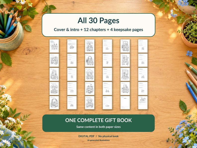 Puede incluir: Un libro de regalo digital en formato PDF con 30 p&aacute;ginas de ilustraciones de arte lineal en blanco y negro. Incluye portada, introducci&oacute;n, 12 cap&iacute;tulos y 4 p&aacute;ginas de recuerdos. Texto en la imagen: All 30 Pages, ONE COMPLETE GIFT BOOK.