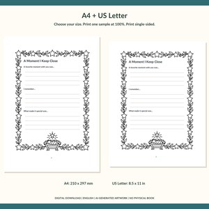 May include: Two printable journal pages labeled A4 and US Letter. Each page features a black and white border of stars and leaves, with the text A Moment I Keep Close, A favorite moment with you was, I remember, and What made it special.