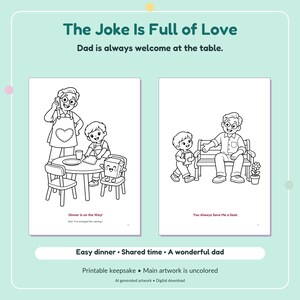 Puede incluir: Una p&aacute;gina para colorear imprimible con dos ilustraciones de un padre y un hijo. La primera los muestra en una mesa con una caja de comida dibujada, con el texto Dinner is on the Way. La segunda en un banco, con el texto You Always Save Me a Seat.