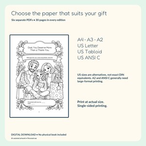 Actual Dad appreciation award page beside the six included paper sizes: A4, A3, A2, Letter, Tabloid and ANSI C.