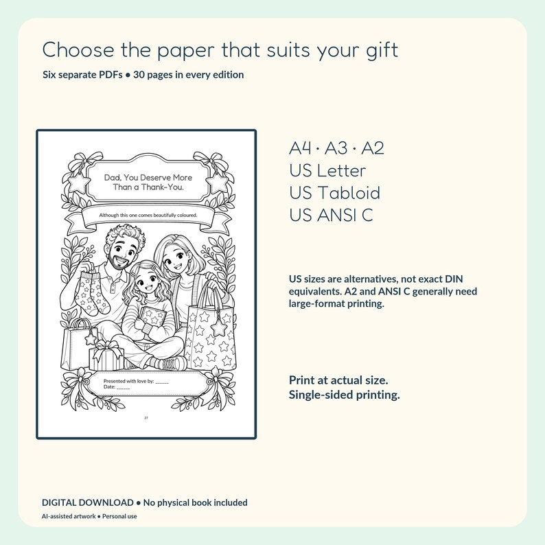 Actual Dad appreciation award page beside the six included paper sizes: A4, A3, A2, Letter, Tabloid and ANSI C.