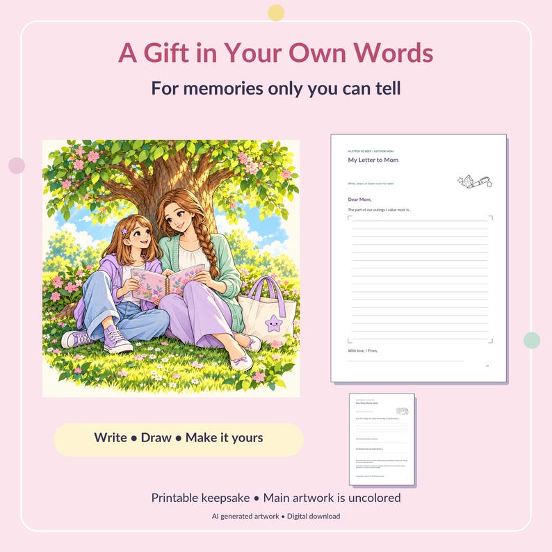 May include: A printable keepsake set featuring the text A Gift in Your Own Words, For memories only you can tell, and Write, Draw, Make it yours. Includes an illustration of two people under a tree and a My Letter to Mom writing template.