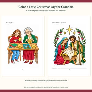 May include: A digital coloring book page set titled Color a Little Christmas Joy for Grandma. One page shows a child and grandparent crafting stars at a table. The other page features a nativity scene with the text Merry Christmas, Grandma.