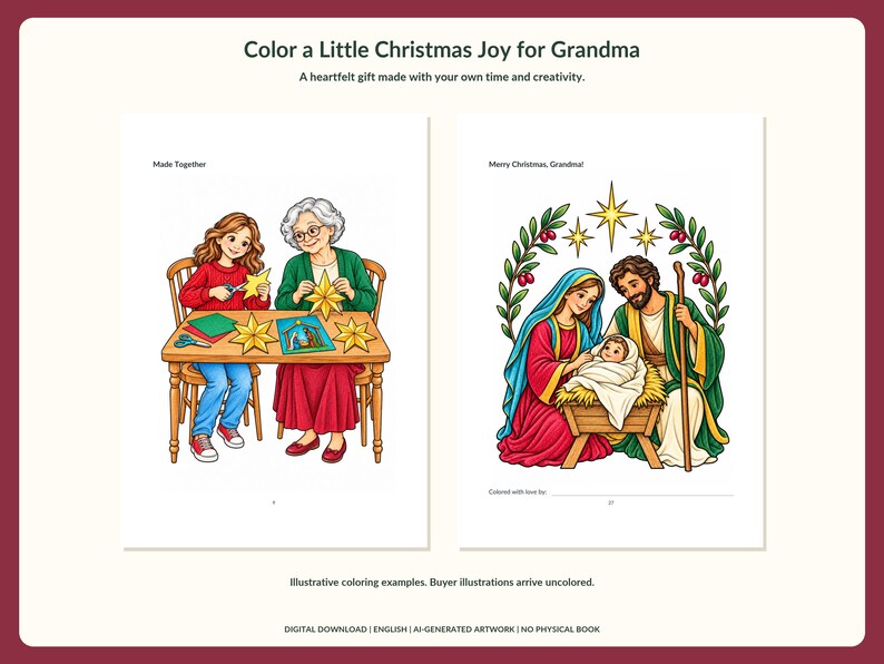 May include: A digital coloring book page set titled Color a Little Christmas Joy for Grandma. One page shows a child and grandparent crafting stars at a table. The other page features a nativity scene with the text Merry Christmas, Grandma.