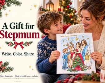 Stepmum Christmas Gift from Boy, Printable Memory Book, Christian Coloring Keepsake, 30 Pages, A4 and US Letter