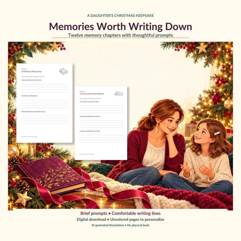 Puede incluir: Un diario de recuerdos navide&ntilde;os titulado Memories Worth Writing Down, con doce cap&iacute;tulos de memoria y sugerencias. Incluye dos p&aacute;ginas blancas con l&iacute;neas y texto, y un libro de textura de terciopelo rojo oscuro con dise&ntilde;os de ramas doradas.