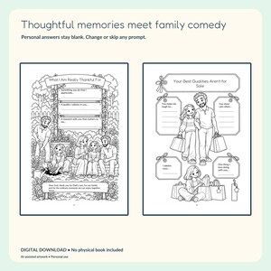 Two actual gratitude and appreciation activity pages with illustrated family scenes and blank personal response areas.