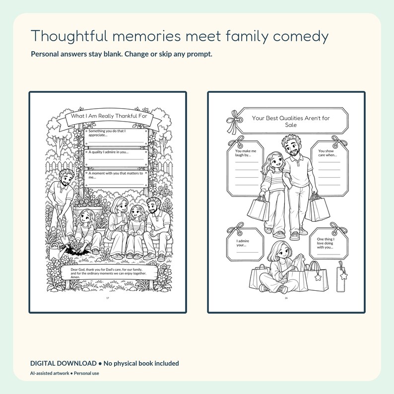 Two actual gratitude and appreciation activity pages with illustrated family scenes and blank personal response areas.