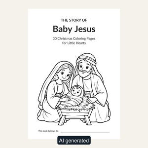 May include: A coloring book cover titled The Story of Baby Jesus, 30 Christmas Coloring Pages for Little Hearts. The black and white line art depicts Mary, Joseph, and the infant Jesus in a manger. Includes a line for a name.