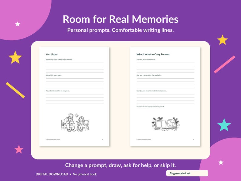 May include: A digital journal page titled Room for Real Memories with personal prompts and writing lines. The left page features You Listen with a line drawing of an elder and child. The right page features What I Want to Carry Forward.