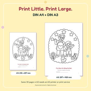Puede incluir: Un conjunto de p&aacute;ginas para colorear digitales en tama&ntilde;os DIN A4 y DIN A3. La ilustraci&oacute;n muestra un dibujo lineal de un adulto y un ni&ntilde;o con estrellas, una flor, un guante y cerezas. El texto incluye "Print Little. Print Large." y "Five Stars for Being My Dad."