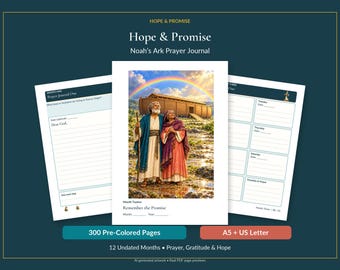 May include: A digital prayer journal titled Hope & Promise: Noah's Ark Prayer Journal. The cover features an illustration of two figures standing before an ark under a rainbow. Includes 300 pre-colored pages in A5 and US Letter sizes for 12 months.
