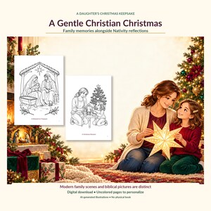 Puede incluir: Una descarga digital titulada A Daughter's Christmas Keepsake: A Gentle Christian Christmas, que incluye dos p&aacute;ginas para colorear en blanco y negro de escenas de la Natividad y una ilustraci&oacute;n a color de un padre y un hijo.