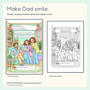 A coloured example of the kawaii family cover beside the uncoloured printable cover, showing Dad, Mum and daughter. Digital gift book from daughter to Dad.