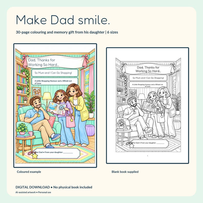 A coloured example of the kawaii family cover beside the uncoloured printable cover, showing Dad, Mum and daughter. Digital gift book from daughter to Dad.