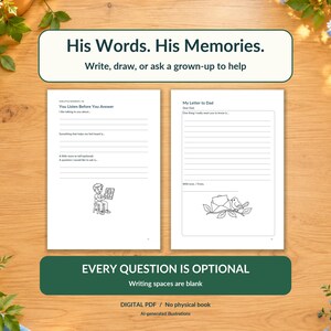 Puede incluir: Dos p&aacute;ginas blancas de un diario PDF digital con indicaciones para escribir y espacios con l&iacute;neas. La p&aacute;gina izquierda se titula You Listen Before You Answer y la derecha My Letter to Dad. Ambas p&aacute;ginas incluyen peque&ntilde;as ilustraciones de l&iacute;neas en blanco y negro.