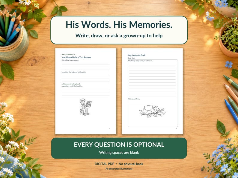 Puede incluir: Dos p&aacute;ginas blancas de un diario PDF digital con indicaciones para escribir y espacios con l&iacute;neas. La p&aacute;gina izquierda se titula You Listen Before You Answer y la derecha My Letter to Dad. Ambas p&aacute;ginas incluyen peque&ntilde;as ilustraciones de l&iacute;neas en blanco y negro.
