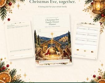 Puede incluir: Un conjunto de planificador de cena de Nochebuena con una portada central que muestra una escena de natividad, una página de lista de invitados y un menú. El texto incluye Christmas Eve Family Dinner Planner y Gather, Feast, Celebrate His Birth.