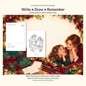 Puede incluir: Un libro de recuerdos navide&ntilde;os para una hija con el texto A DAUGHTER'S CHRISTMAS KEEPSAKE, Write Draw Remember y A little room for what matters to her. Incluye dos p&aacute;ginas imprimibles con ilustraciones de l&iacute;neas.