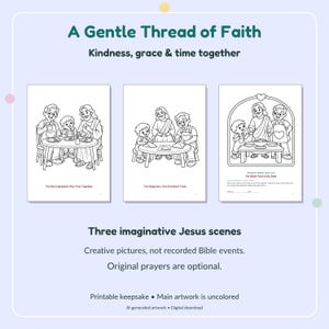 Puede incluir: Tres p&aacute;ginas para colorear en blanco y negro con ilustraciones de Jes&uacute;s con un padre y un ni&ntilde;o. El texto dice A Gentle Thread of Faith, Kindness, grace & time together, The Best Ingredient Was Time Together, Two Beginners, One Excellent Team e I'm Glad You're My Dad.