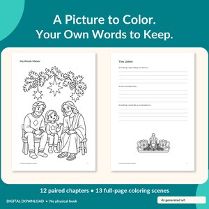 May include: A digital coloring book page set featuring two white sheets. The left page shows a line drawing of a family sitting under pine branches with the text My Words Matter. The right page has writing prompts and the text You Listen.