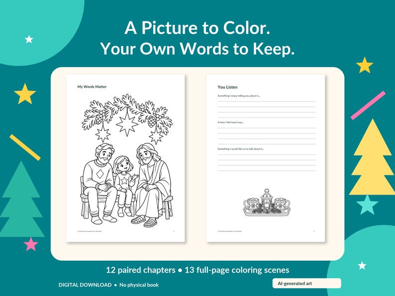 May include: A digital coloring book page set featuring two white sheets. The left page shows a line drawing of a family sitting under pine branches with the text My Words Matter. The right page has writing prompts and the text You Listen.