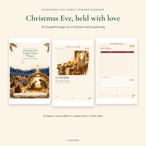 May include: A Christmas Eve family dinner planner with 30 pages, featuring a nativity scene cover, a dining table illustration with the text GATHER, and a menu planner page. The planner includes the text Christmas Eve, held with love.