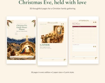 May include: A Christmas Eve family dinner planner with 30 pages, featuring a nativity scene cover, a dining table illustration with the text GATHER, and a menu planner page. The planner includes the text Christmas Eve, held with love.