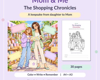 Mom and Daughter Shopping Keepsake, Kawaii Coloring Memory Journal, A4 A3 Printable PDF