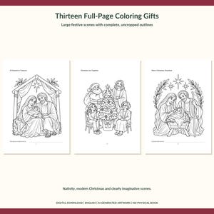 May include: Thirteen Full-Page Coloring Gifts digital download featuring black and white line art. Three pages show a nativity scene titled A Moment to Treasure, a family decorating a tree titled Christmas Joy Together, and a nativity scene titled Merry Christmas, Grandma.
