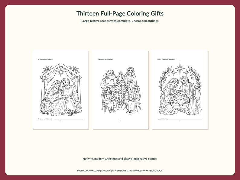May include: Thirteen Full-Page Coloring Gifts digital download featuring black and white line art. Three pages show a nativity scene titled A Moment to Treasure, a family decorating a tree titled Christmas Joy Together, and a nativity scene titled Merry Christmas, Grandma.