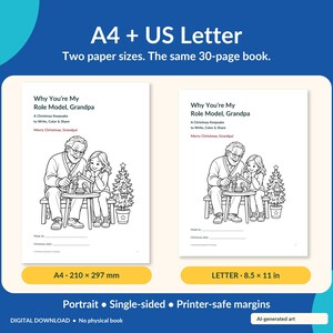May include: A 30-page printable book titled Why You're My Role Model, Grandpa, featuring a coloring page of a grandfather and child with a Christmas tree. Includes A4 and 8.5 x 11 inch formats with portrait orientation and single-sided pages.