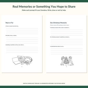 May include: A two-page memory journal spread titled Real Memories or Something You Hope to Share. The left page features Near or Far prompts and a line drawing of a laptop, gift, and holly. The right page features Our Christmas Moments prompts and a line drawing of two people decorating a tree.